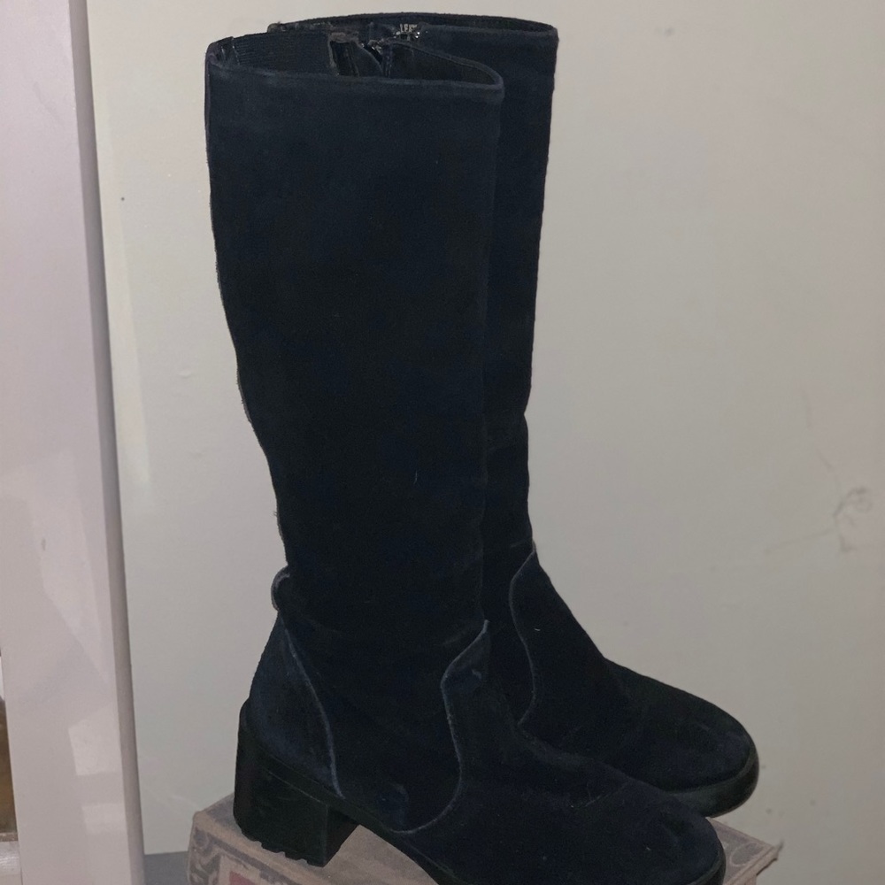 Knee high Leather suede black boots heel
